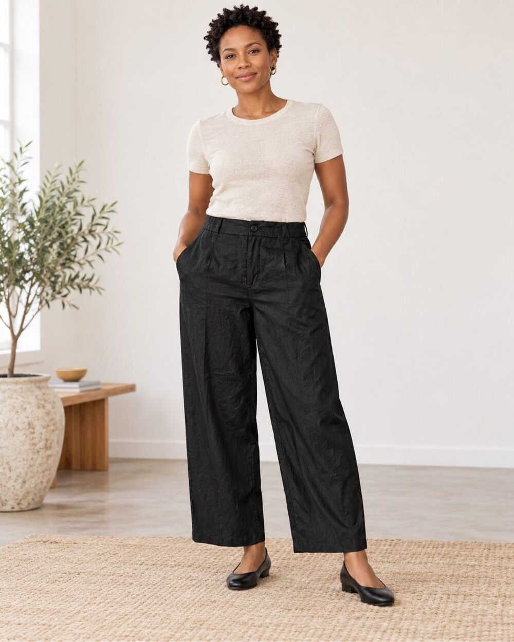 Eileen Fisher Black Organic Linen Wide Leg Ankle Pants NWT Size S MSRP $168